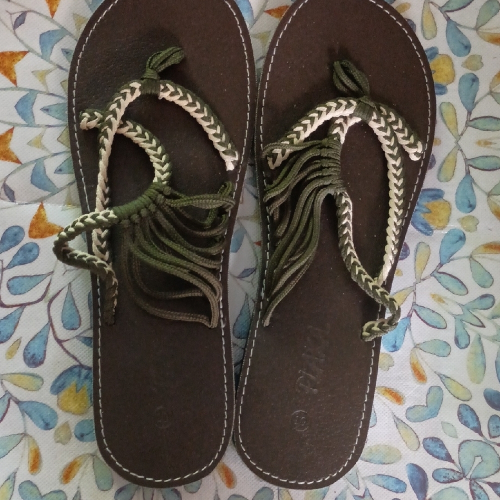 Earthy Green and Brown Sandals with Woven Detailing